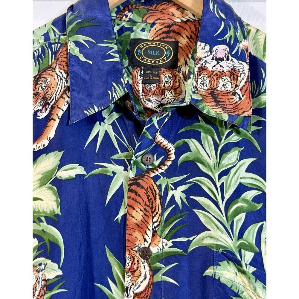 Hawaiian Silk Company Men's Large TIGER Blue Green Hawaiian 100% Silk Shirt